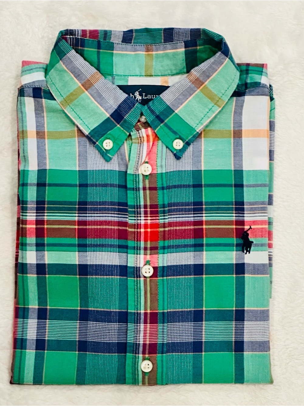 Polo Ralph Lauren Boys Plaid Button Down Shirt Size 6 Short Sleeve Green Multi